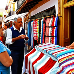 **A bustling marketplace scene in Seville, Spain. Focus on a craft vendor's stall overflowing with embroidered goods. Capture the vibrant colors of the Andalusian textiles and the attentive interaction between the vendor and a potential customer browsing personalized name embroideries.** (This visualizes the opening anecdote about understanding customer needs for personalized crafts).