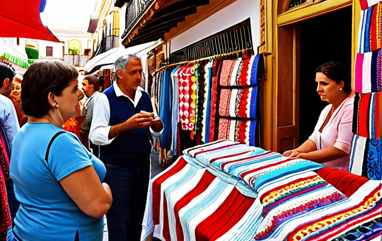 **A bustling marketplace scene in Seville, Spain. Focus on a craft vendor's stall overflowing with embroidered goods. Capture the vibrant colors of the Andalusian textiles and the attentive interaction between the vendor and a potential customer browsing personalized name embroideries.** (This visualizes the opening anecdote about understanding customer needs for personalized crafts).