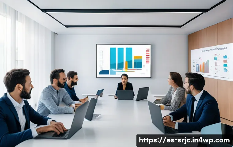 서비스화 전환에서의 실패 사례 분석 - A modern corporate office scene in Spain featuring a diverse team of professionals engaged in a digi...
