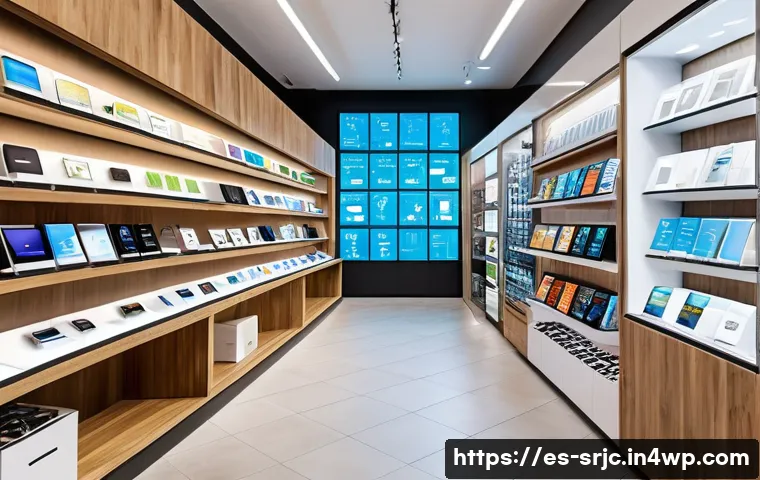 제품 서비스화의 고객 만족도 향상 - A modern, stylish tech store interior in a vibrant Spanish city setting, showcasing personalized tec...